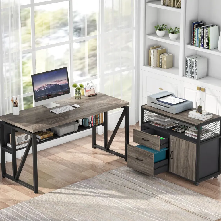 Fashion Tribesigns 55" / 63" L-Shaped Executive Desk with Storage Shelves and Mobile File Cabinet
