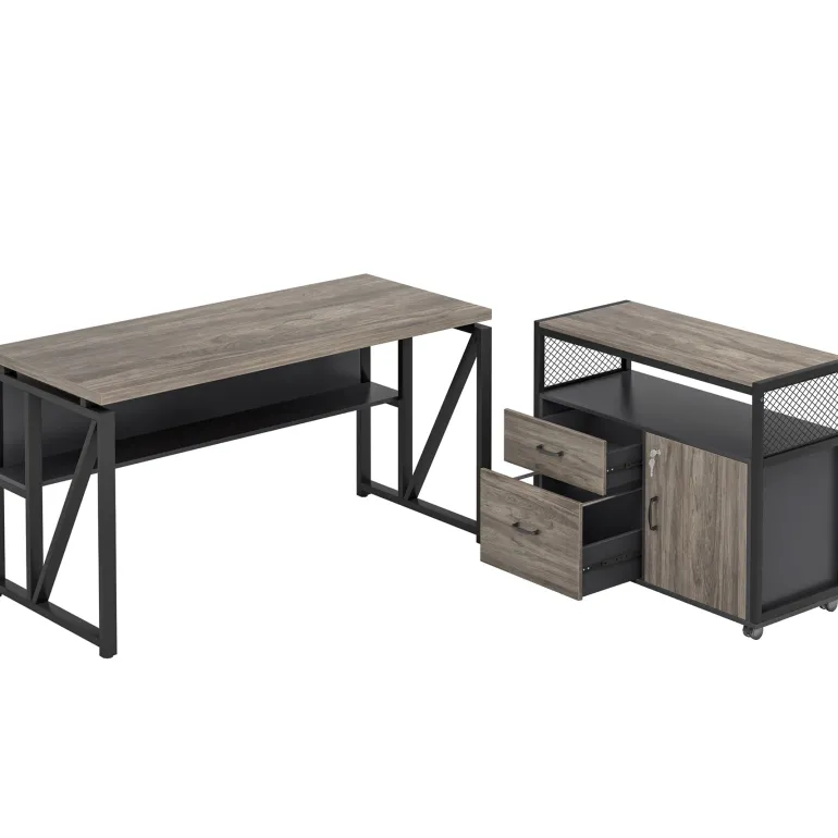 Fashion Tribesigns 55" / 63" L-Shaped Executive Desk with Storage Shelves and Mobile File Cabinet