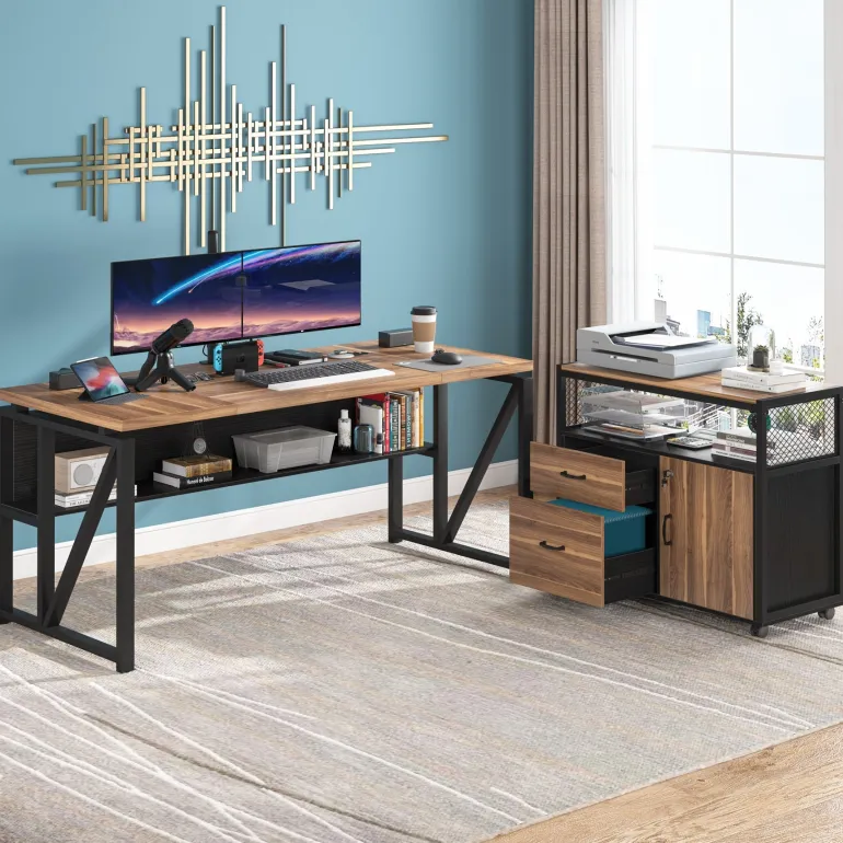 Fashion Tribesigns 55" / 63" L-Shaped Executive Desk with Storage Shelves and Mobile File Cabinet