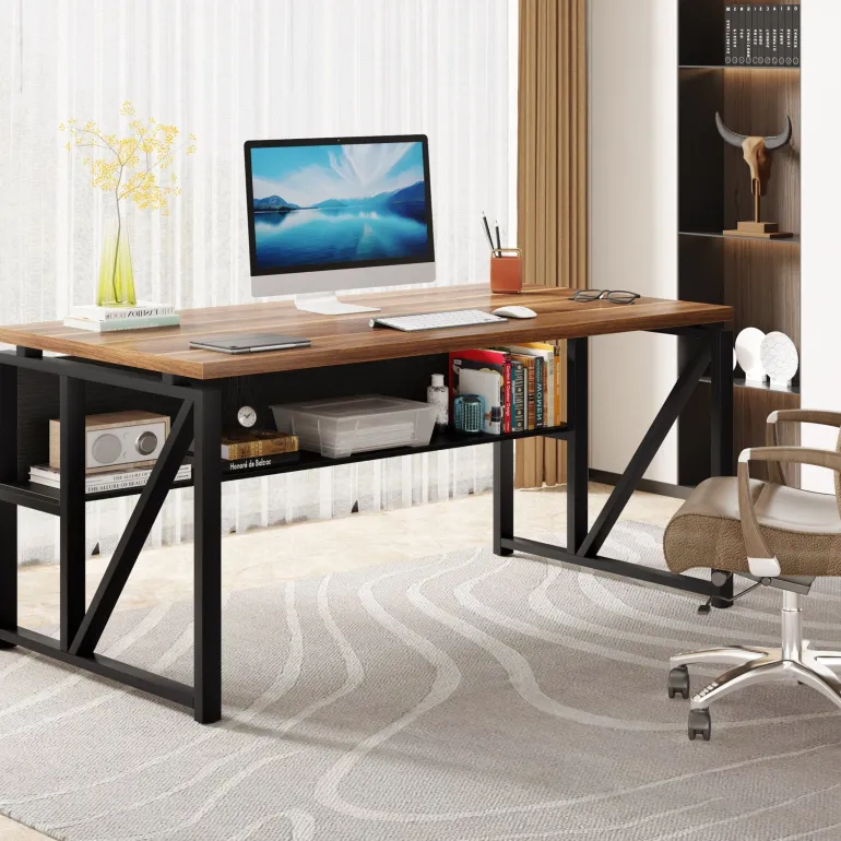 Hot Tribesigns 55" /63" Computer Desk Writing Table with Bottom Storage Shelf