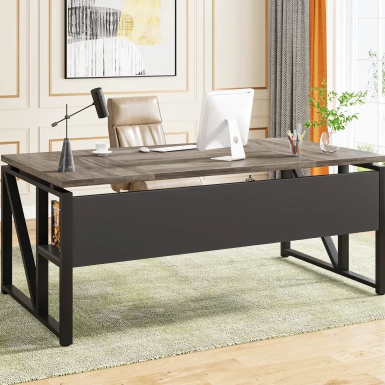 Hot Tribesigns 55" /63" Computer Desk Writing Table with Bottom Storage Shelf