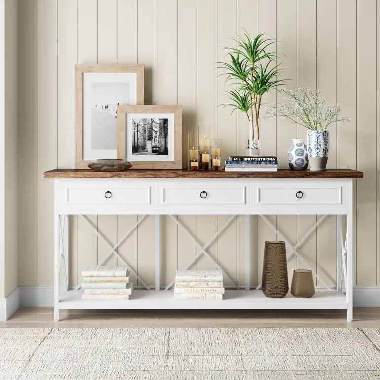 Sale Tribesigns 3 - Drawer Console Table, 70.8" Sofa Foyer Table with Storage Shelf