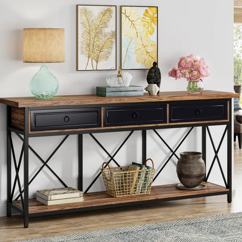 Sale Tribesigns 3 - Drawer Console Table, 70.8" Sofa Foyer Table with Storage Shelf