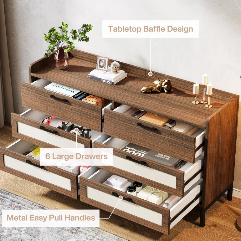 Fashion Tribesigns 6 - Drawer Dresser, 55" Rustic Chest of Drawers Dresser Organizer
