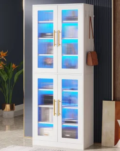 Hot Tribesigns 67 - inch Bookcase, 8 - Tier Bookshelf with Acrylic Doors and LED Light