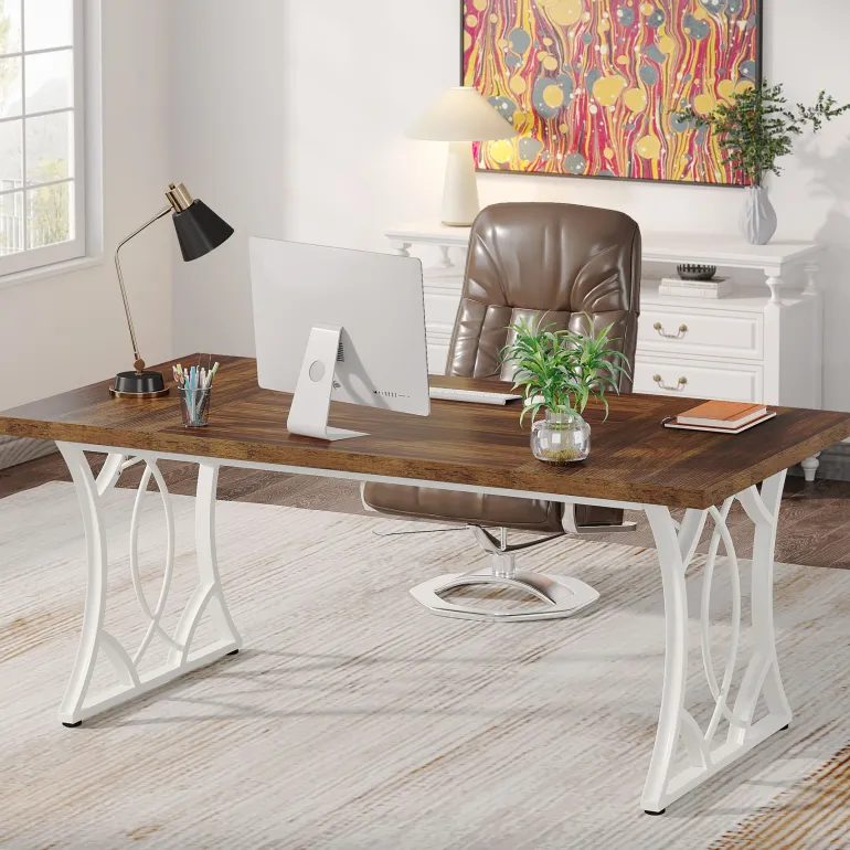 Fashion Tribesigns 63 - Inch Executive Desk, Industrial Computer Desk with Wooden Tabletop