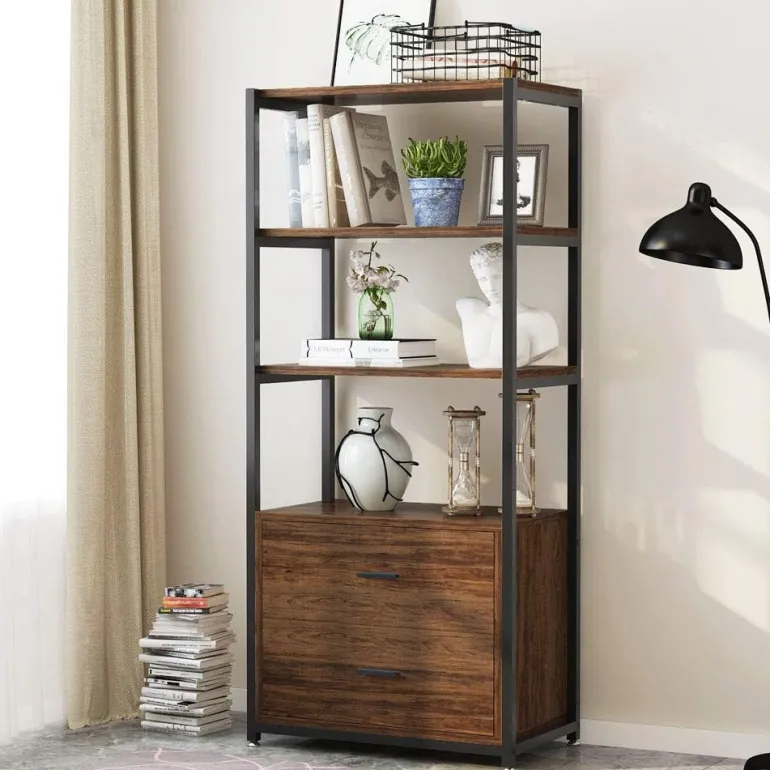 Cheap Tribesigns 4 - Tier Bookshelf Etagere Display Bookcase with 2 Drawers