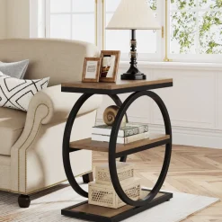 Best Tribesigns 3 - Tier End Table, Industrial Sofa Side Table with Round Metal Frame