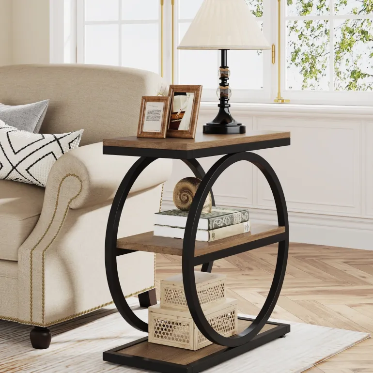 Best Tribesigns 3 - Tier End Table, Industrial Sofa Side Table with Round Metal Frame