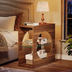 Store Tribesigns 3 - Tier End Table, Modern Side Table with Adjustable Glass Storage Shelf