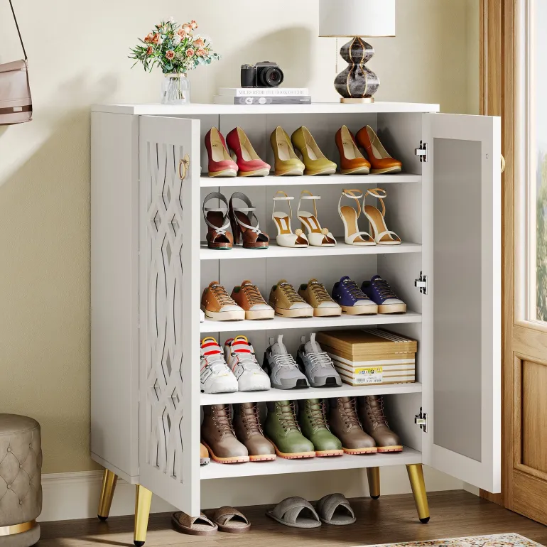 Clearance Tribesigns 5 - Tier Shoe Cabinet, 25 - Pair Mirrored Shoe Rack Storage Organizer