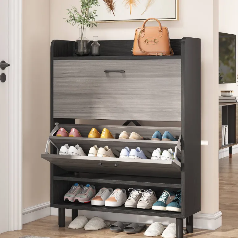 Outlet Tribesigns 2 - Tier Shoe Cabinet Shoe Organizer with Flip Doors & Open Shelves