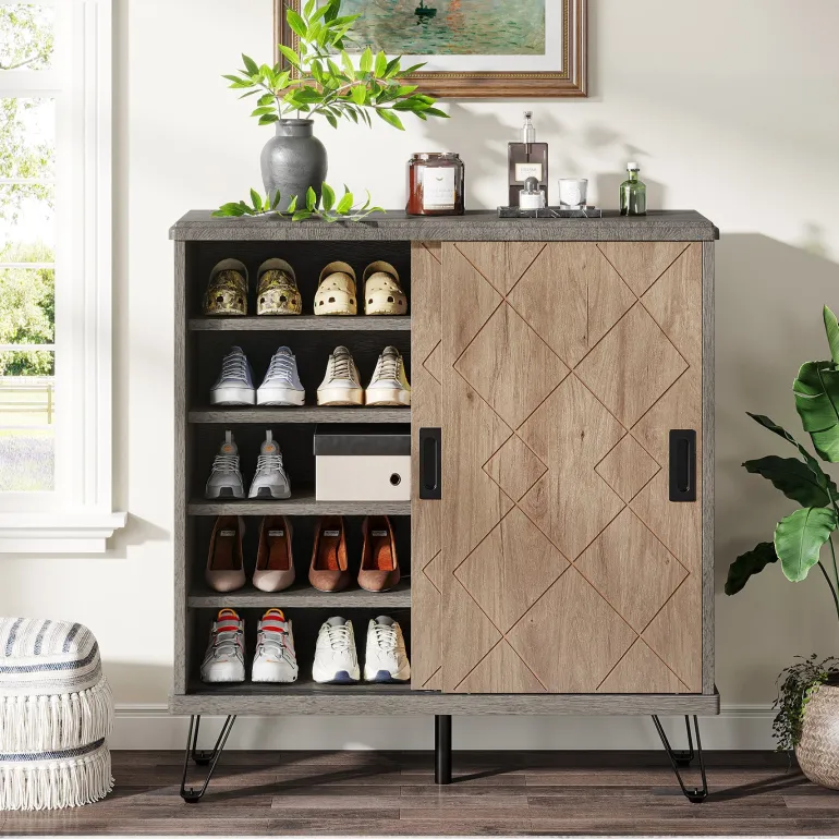 Fashion Tribesigns 5 - Tier Shoe Cabinet with Sliding Doors, Wood Shoe Organizer with Metal Legs