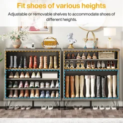 Fashion Tribesigns 5 - Tier Shoe Cabinet with Sliding Doors, Wood Shoe Organizer with Metal Legs