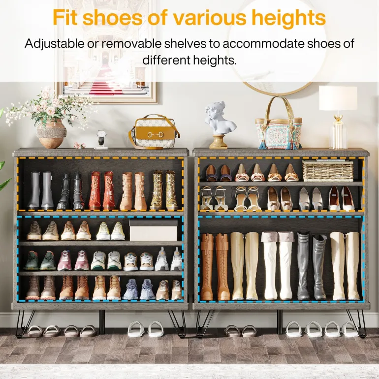 Fashion Tribesigns 5 - Tier Shoe Cabinet with Sliding Doors, Wood Shoe Organizer with Metal Legs