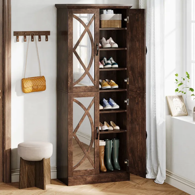 Best Tribesigns 8 - Tier Shoe Rack, Vintage Shoe Storage Cabinet With 4 Mirrored Doors