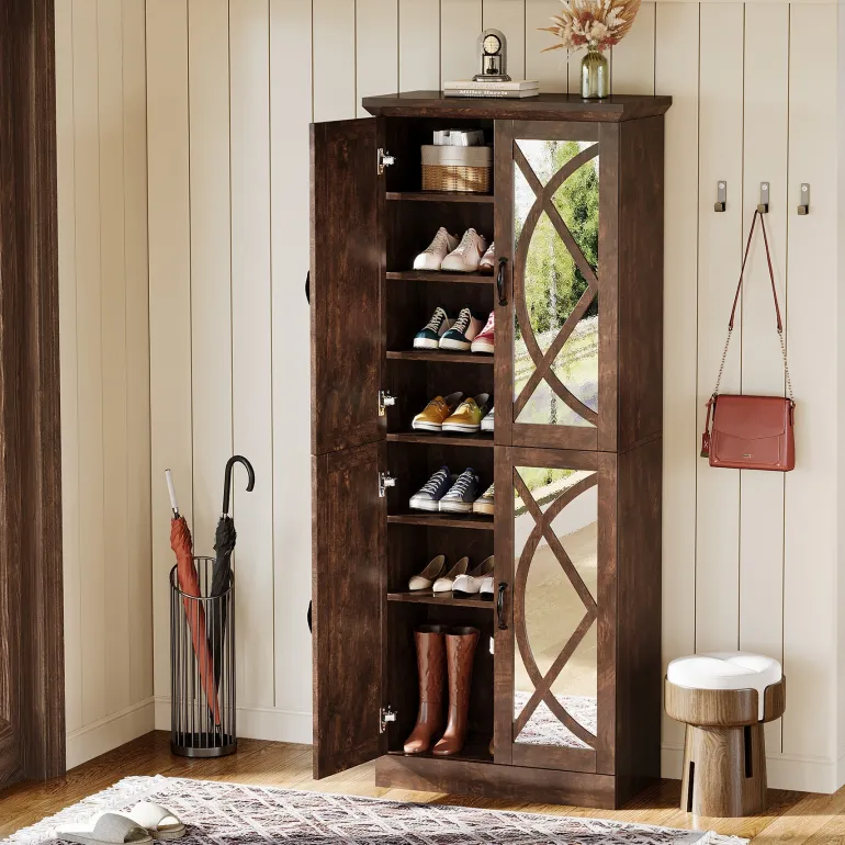 Best Tribesigns 8 - Tier Shoe Rack, Vintage Shoe Storage Cabinet With 4 Mirrored Doors