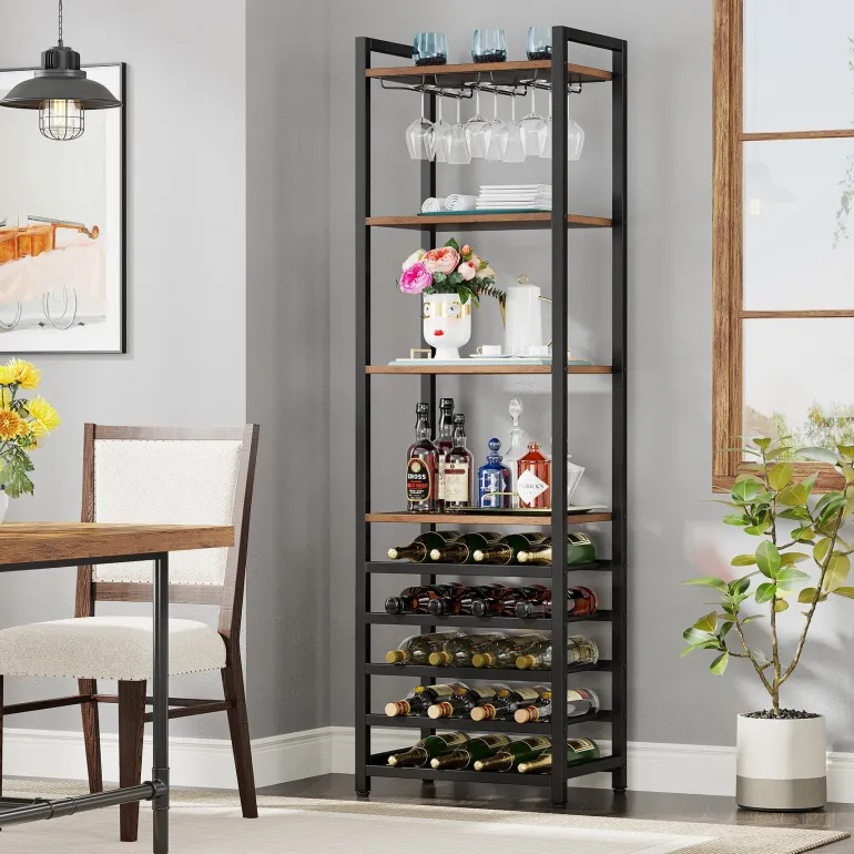 Store Tribesigns 9 - Tier Wine Rack, 20 Bottle Wine Bar Cabinet with Glass Holder