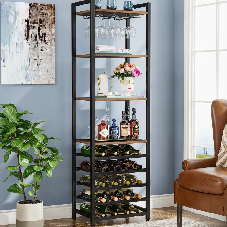 Store Tribesigns 9 - Tier Wine Rack, 20 Bottle Wine Bar Cabinet with Glass Holder