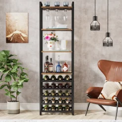 Store Tribesigns 9 - Tier Wine Rack, 20 Bottle Wine Bar Cabinet with Glass Holder