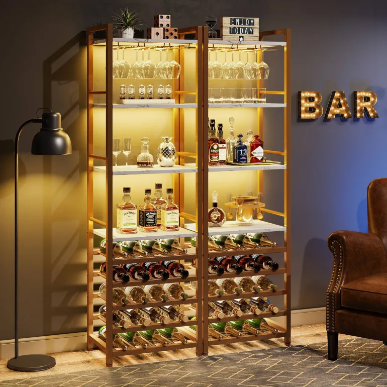 Store Tribesigns 9 - Tier Wine Rack, 20 Bottle Wine Bar Cabinet with Glass Holder