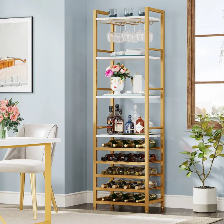 Store Tribesigns 9 - Tier Wine Rack, 20 Bottle Wine Bar Cabinet with Glass Holder