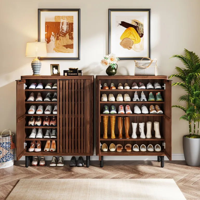 Shop Tribesigns 6 - Tier Wooden Shoe Cabinet with Louvered Doors & Adjustable Shelves