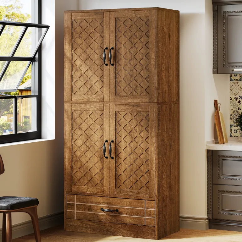 Store Tribesigns 70" Bakers' Rack, Rustic Kitchen Pantry Cabinet with Doors and Drawer