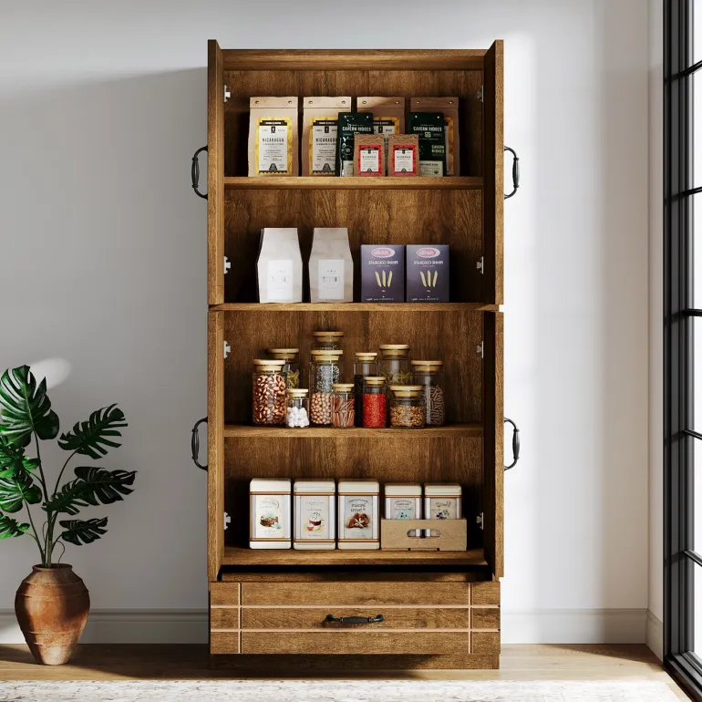 Store Tribesigns 70" Bakers' Rack, Rustic Kitchen Pantry Cabinet with Doors and Drawer