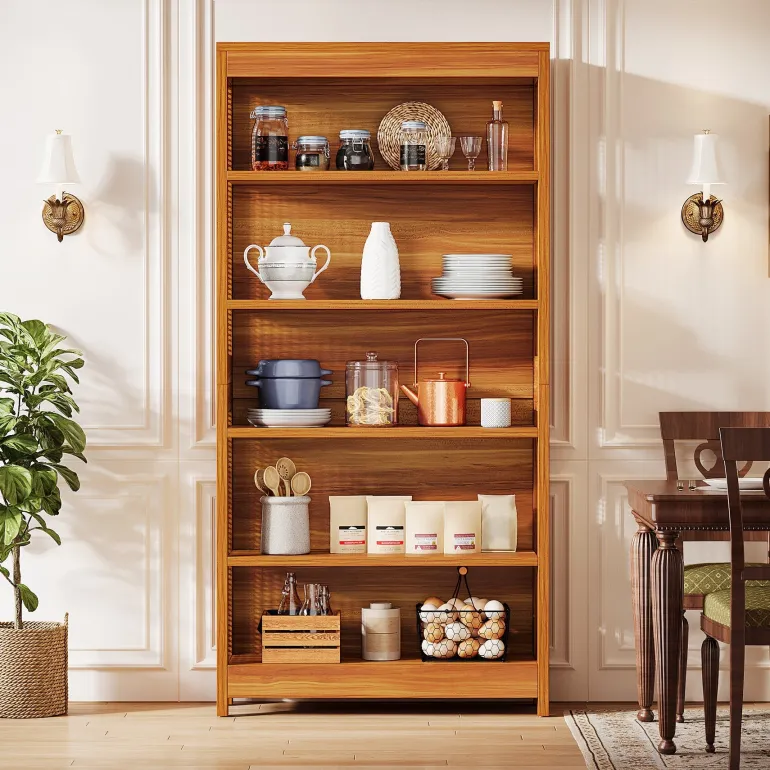Cheap Tribesigns 71" Bookcase, 6 - Tier Bookshelf Display Shelf Etagere with Rattan Accents