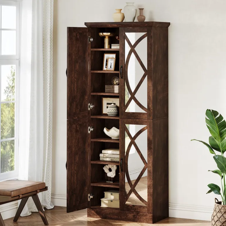 Best Tribesigns 68" Bookcase, Storage Cabinet Pantry Cabinet With 4 Mirrored Doors