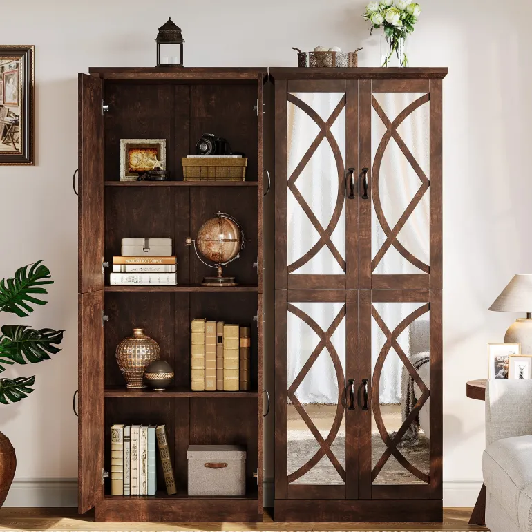 Best Tribesigns 68" Bookcase, Storage Cabinet Pantry Cabinet With 4 Mirrored Doors
