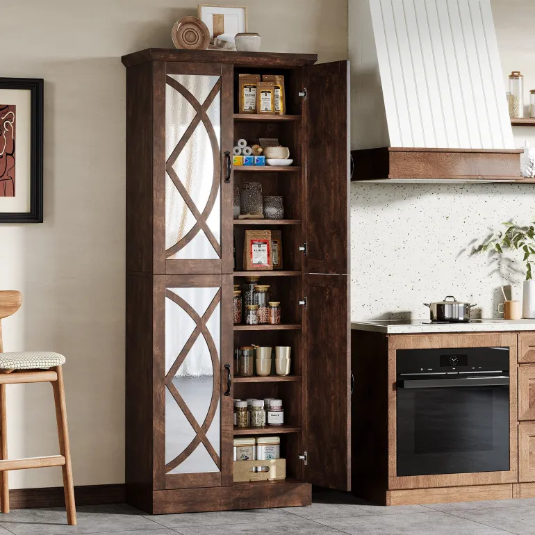 Best Tribesigns 68" Bookcase, Storage Cabinet Pantry Cabinet With 4 Mirrored Doors