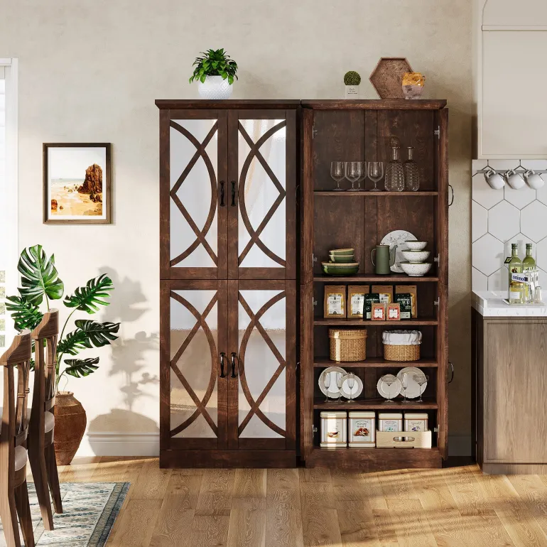 Best Tribesigns 68" Bookcase, Storage Cabinet Pantry Cabinet With 4 Mirrored Doors
