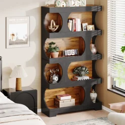 New Tribesigns 71" Bookshelf, 4 - Tier S - Shaped Bookcase Freestanding Display Shelves