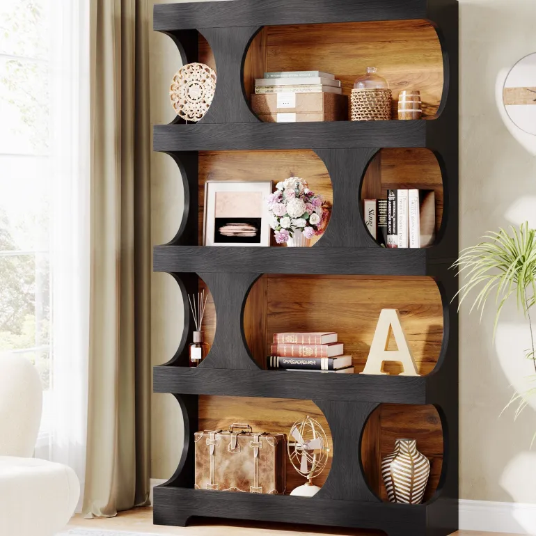 New Tribesigns 71" Bookshelf, 4 - Tier S - Shaped Bookcase Freestanding Display Shelves