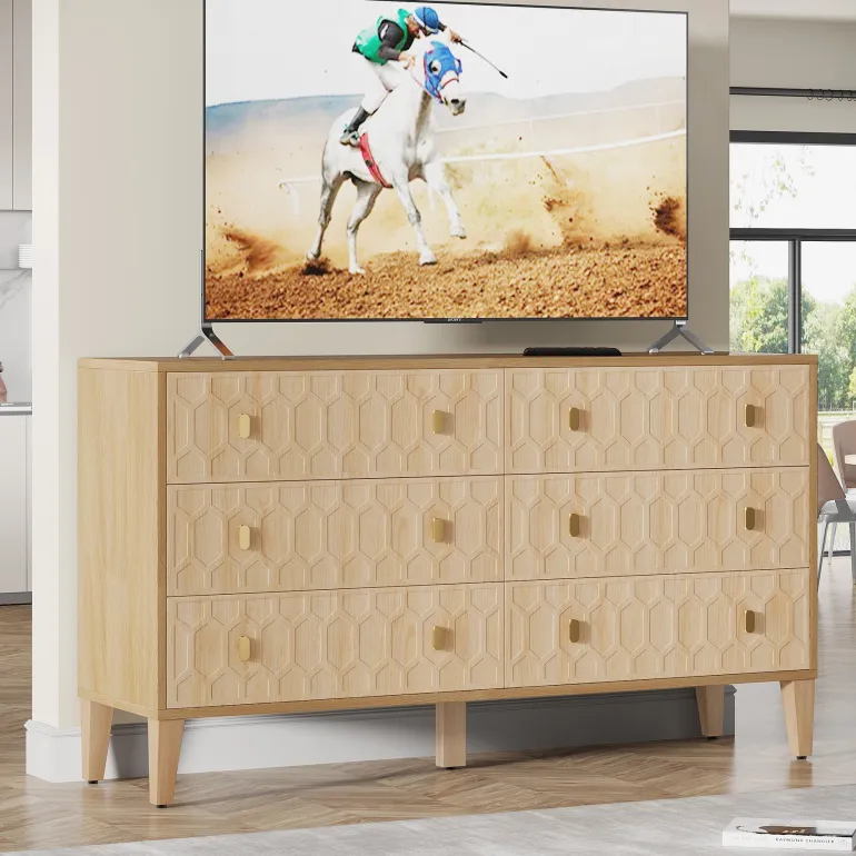 Store Tribesigns 55" Chest of Drawer, Wood 6 - drawer Double Dresser Organizer