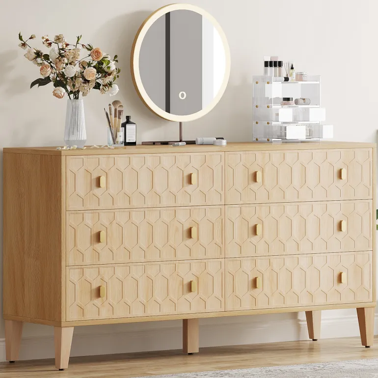 Store Tribesigns 55" Chest of Drawer, Wood 6 - drawer Double Dresser Organizer