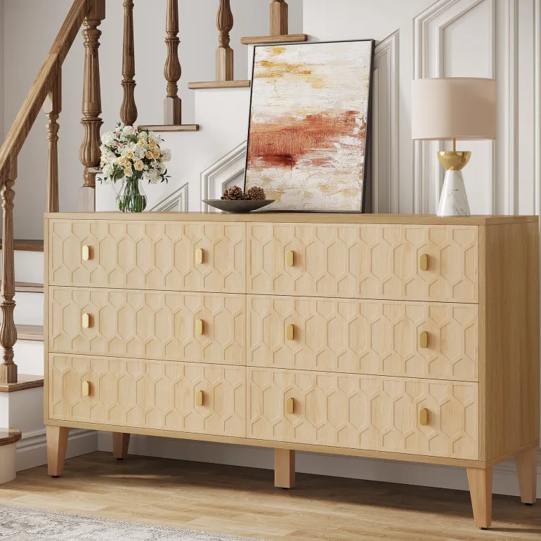 Store Tribesigns 55" Chest of Drawer, Wood 6 - drawer Double Dresser Organizer