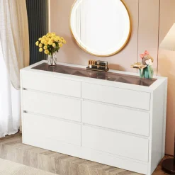 Hot Tribesigns 55" Chest of Dresser, 6 Drawer Dresser Organizer with Glass Top