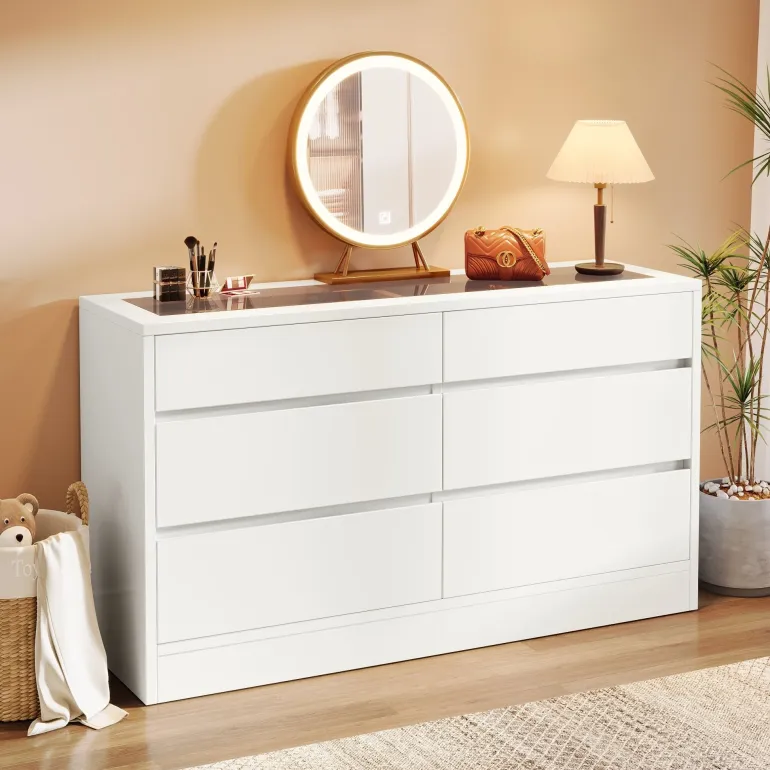 Hot Tribesigns 55" Chest of Dresser, 6 Drawer Dresser Organizer with Glass Top