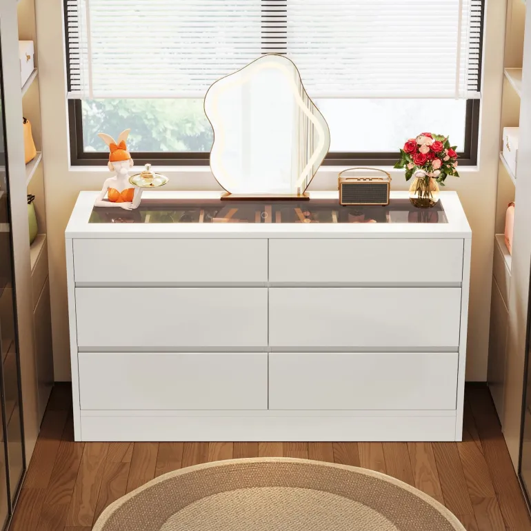 Hot Tribesigns 55" Chest of Dresser, 6 Drawer Dresser Organizer with Glass Top