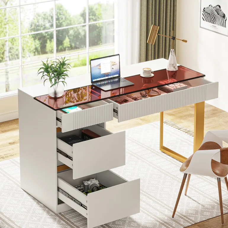Clearance Tribesigns 47.24" Computer Desk, 4-Drawer Writing Desk with Glass Top
