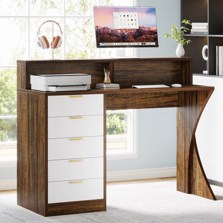 Shop Tribesigns 47" Computer Desk, Home Office Desk with Monitor Stand and 5 Drawers