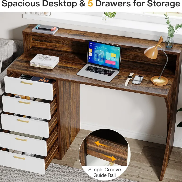 Shop Tribesigns 47" Computer Desk, Home Office Desk with Monitor Stand and 5 Drawers