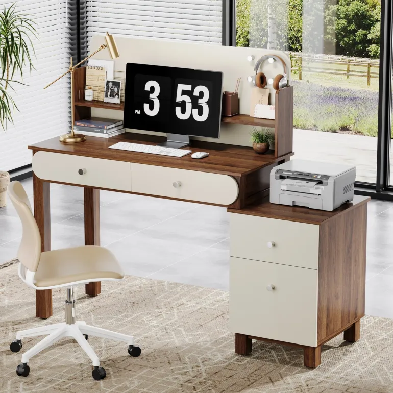Cheap Tribesigns 56" Computer Desk, Home Office Desk Study Table with File Drawers