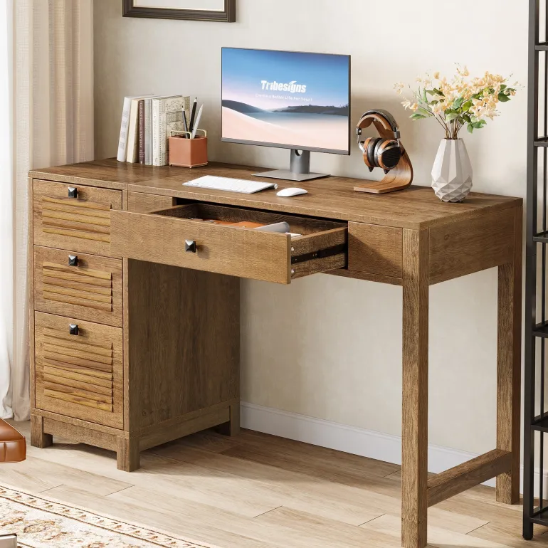 Shop Tribesigns 55" Computer Desk, Home Office Desk Writing Table with 4 File Storage Drawers