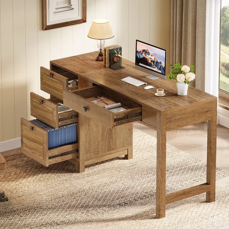 Shop Tribesigns 55" Computer Desk, Home Office Desk Writing Table with 4 File Storage Drawers