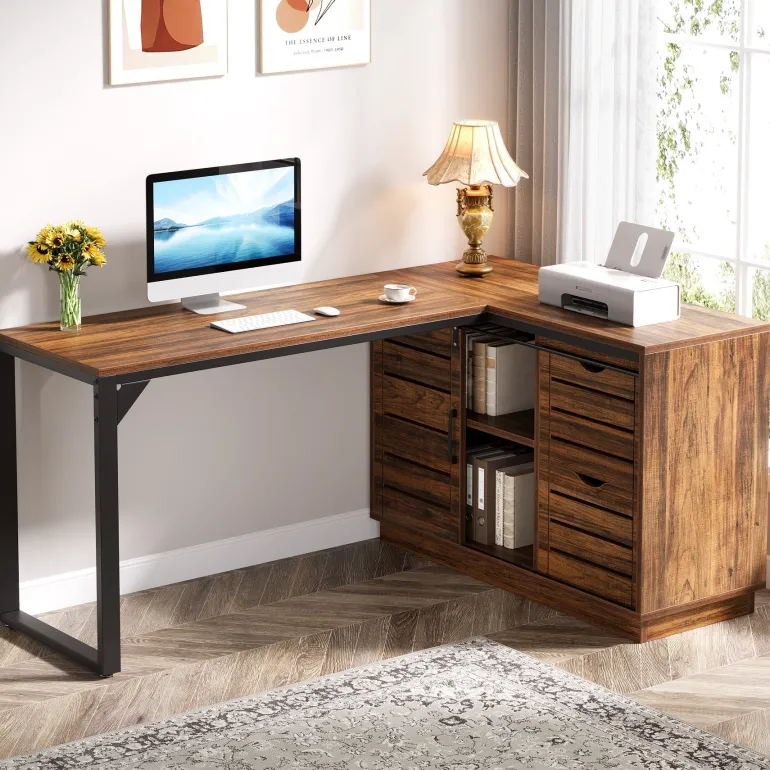 Shop Tribesigns 55" Computer Desk, L - Shaped Corner Desk Office Desk with File Drawers