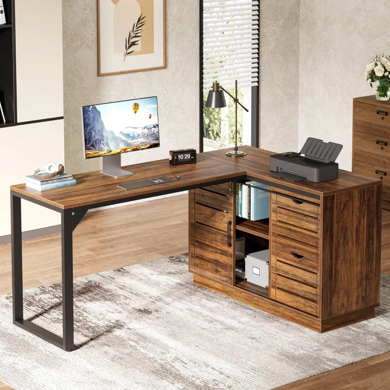 Shop Tribesigns 55" Computer Desk, L - Shaped Corner Desk Office Desk with File Drawers